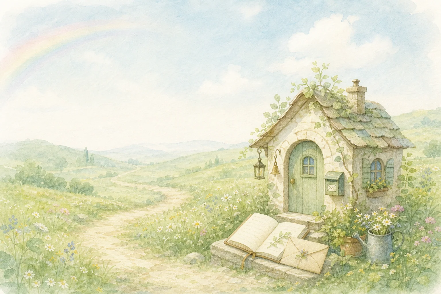 花の野原にたたずむ、おたよりの小屋
