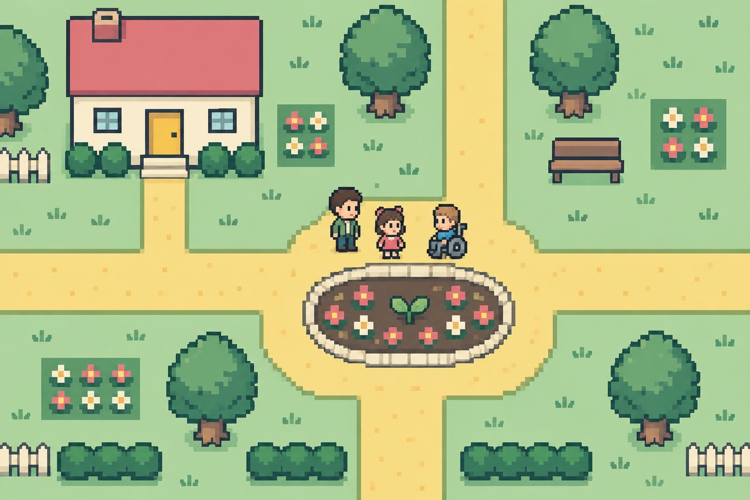 小道でつながる建物と、楕円の花壇を描いた温かなドット絵