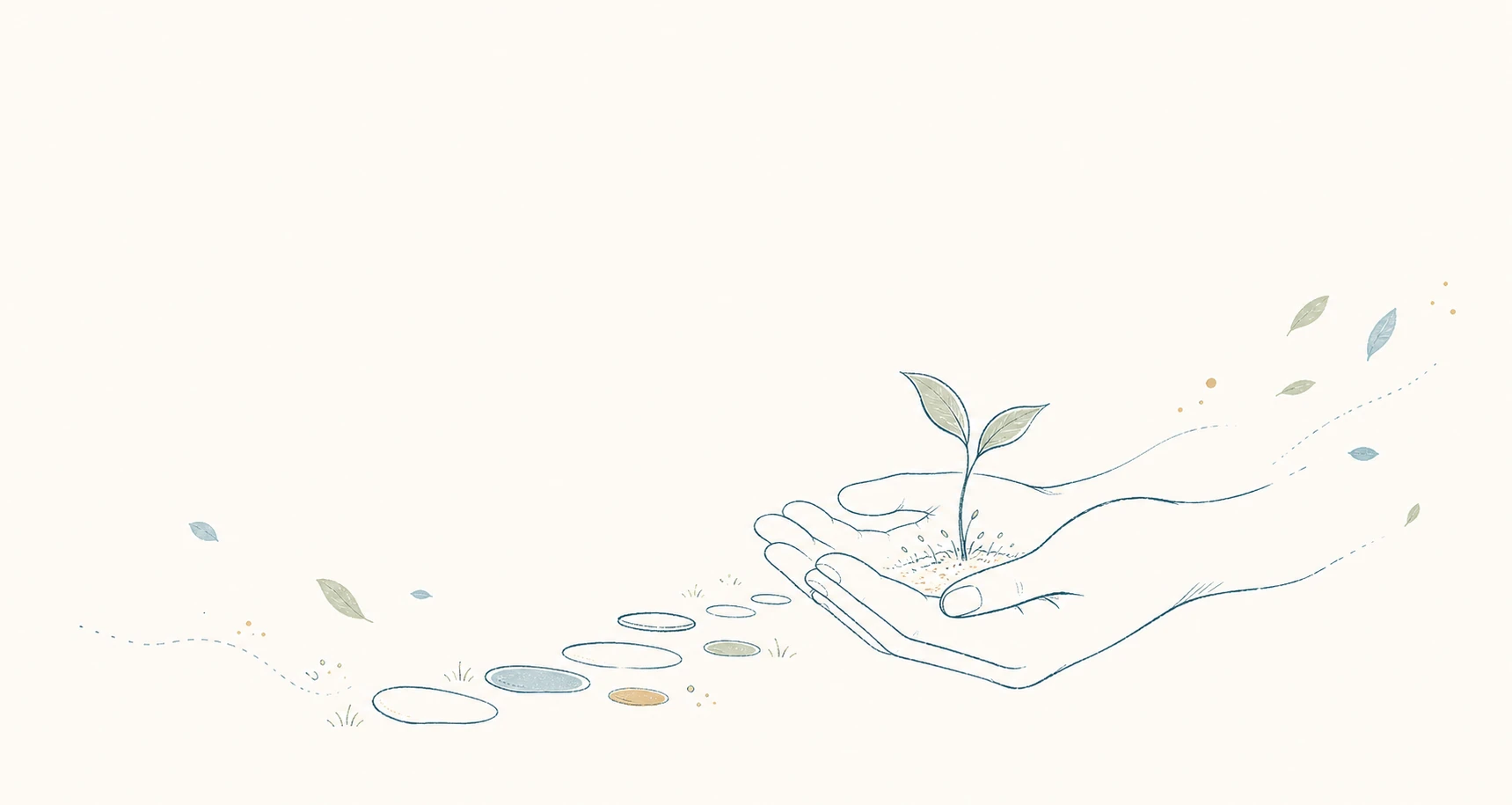 小さな芽を両手で支え、先へ続く飛び石を描いた線画