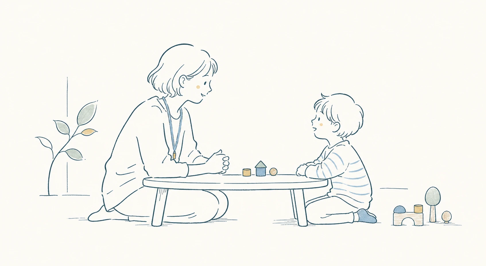 同じテーブルで向き合い、話を聴く大人と子どもの線画